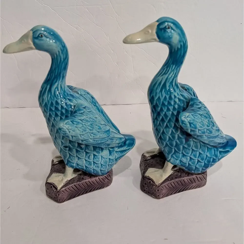 Vintage Turquoise Blue Glazed Ceramic Duck Figurines Pair Japan Chinoiserie